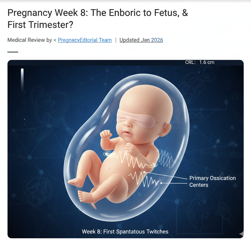 Pregnancy Week 8: Embryo development showing bone ossification and movement